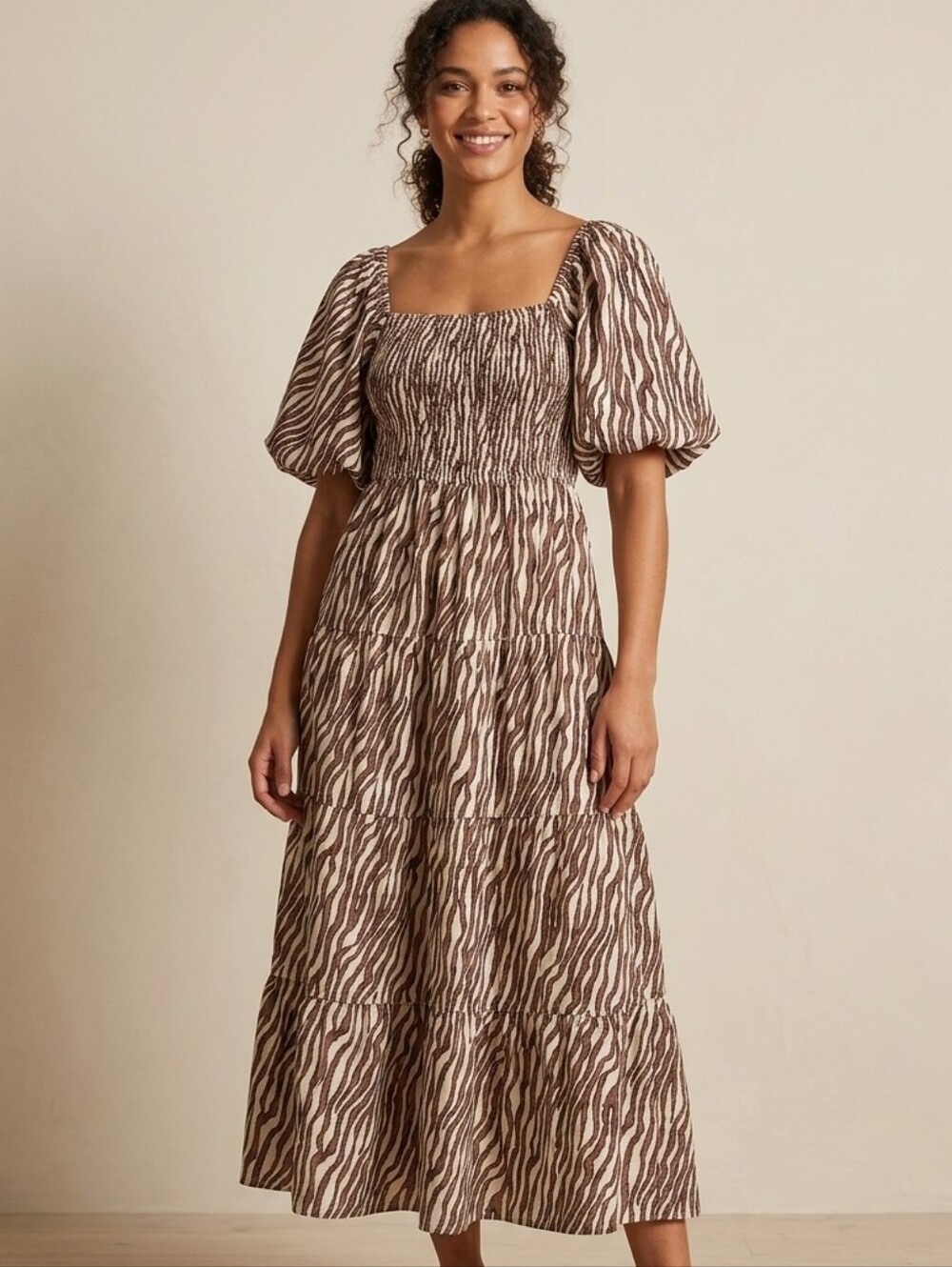 Entro Boho Whimsigoth Smocked Puff Sleeve Zebra Pattern Tiered Dress Small